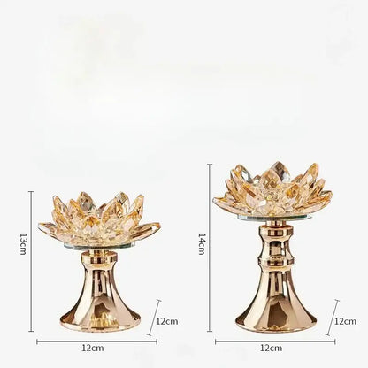 Golden crystal lotus glass flower candle holder with reflective metallic base for elegant home decor by decorbites