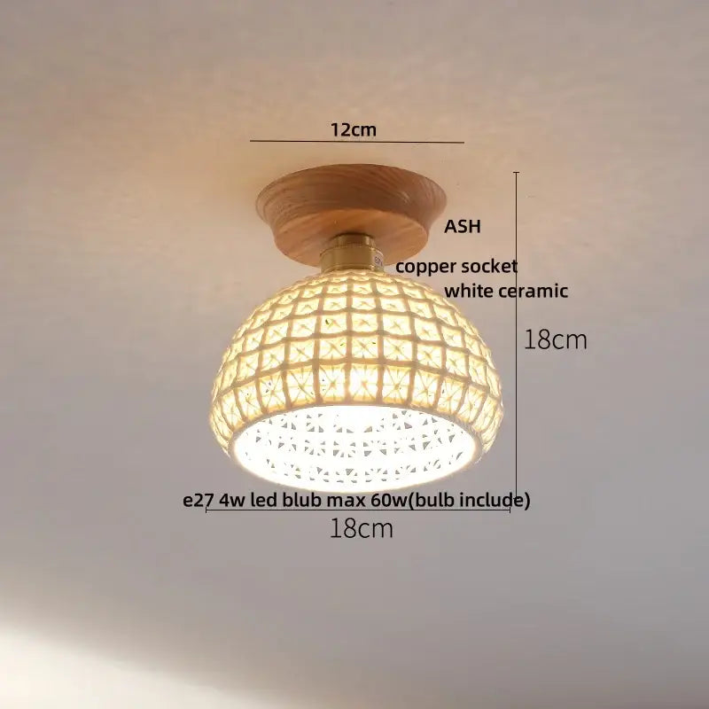 Warm-toned white ceramic ceiling light with natural wood base and copper socket decorbites lotus glass led modern nordic design