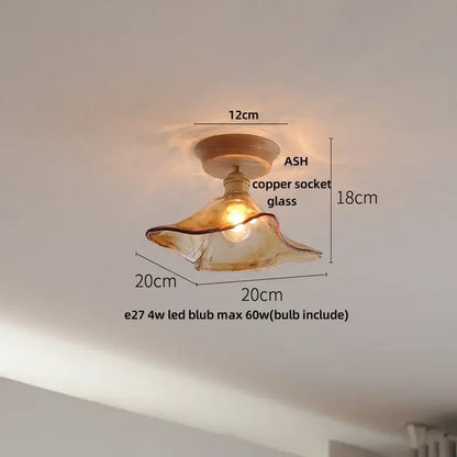 DecorBites lotus glass led ceiling light with warm glass pendant, copper socket, and ash wood ceiling mount in modern nordic design