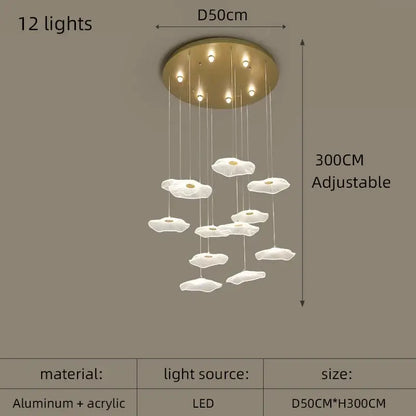 Decorbites lotus leaf acrylic nordic led chandelier white cloud shape with gold ceiling mount 12 adjustable leds
