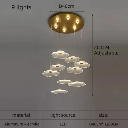 Gold-toned decorbites lotus leaf nordic led chandelier with nine cloud-shaped acrylic pendant lights for living room
