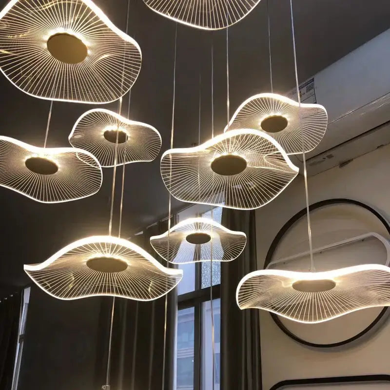 Modern decorbites lotus leaf acrylic nordic led chandelier with cloud-like wireframe lights for restaurant and living room