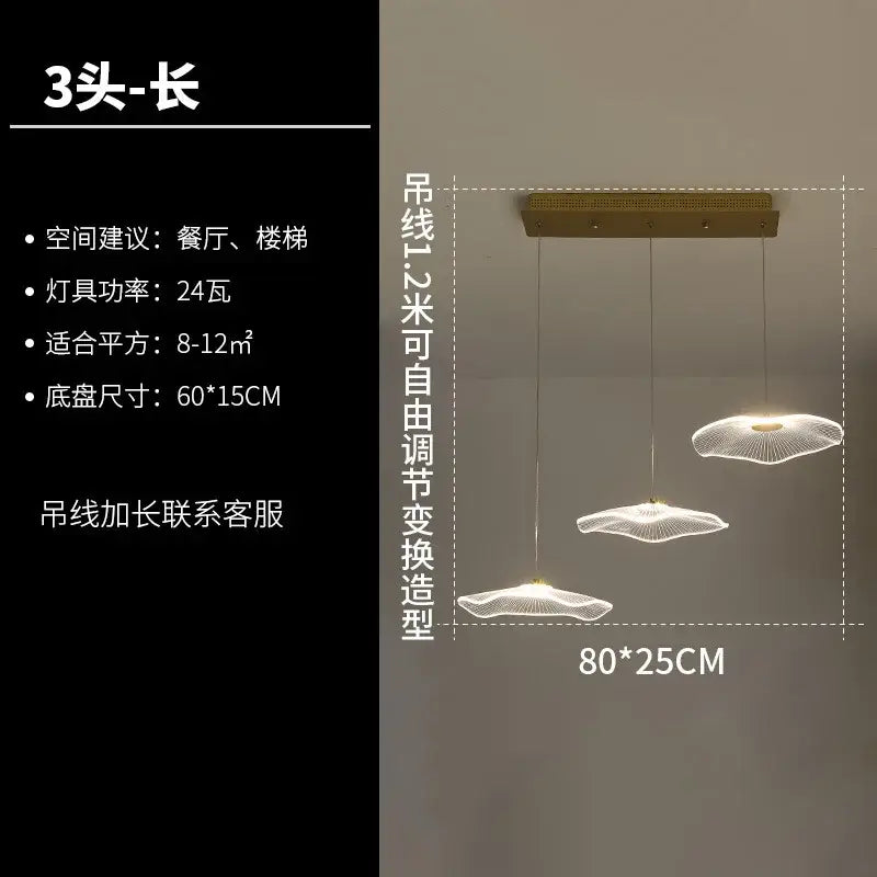 Modern gold-toned decorbites lotus leaf chandelier with three acrylic fan-shaped led fixtures suspended by cords