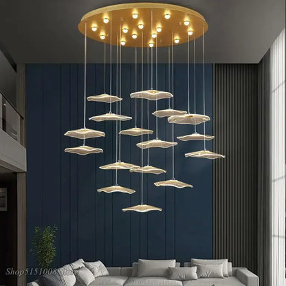 Modern gold-toned decorbites lotus leaf chandelier with lotus-shaped acrylic LED pendant lights for villa and living room