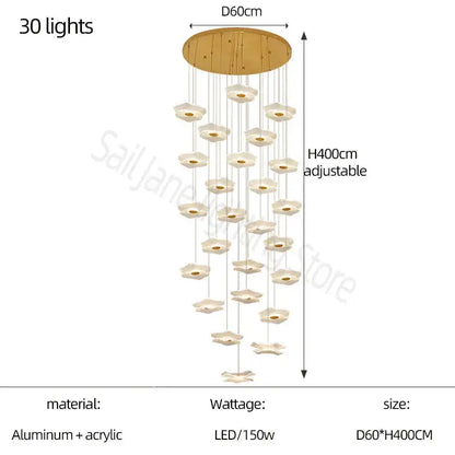 A modern nordic decorbites lotus leaf chandelier with 30 led lights on an aluminum and acrylic circular base