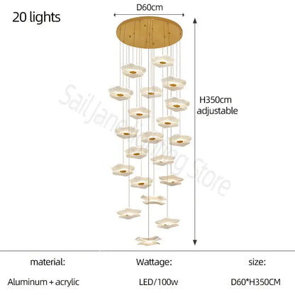 A modern decorbites lotus leaf chandelier with 20 led lights in a cascading floral design for living spaces