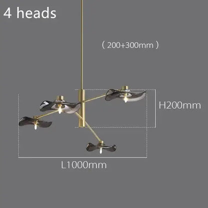 Modern brass-finished decorbites lotus leaf glass ceiling chandelier with four dark glass leaf-shaped light fixtures