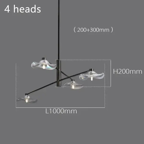 Modern black metal ceiling chandelier with four clear glass lotus leaf glass lampshades by DecorBites lotus leaf