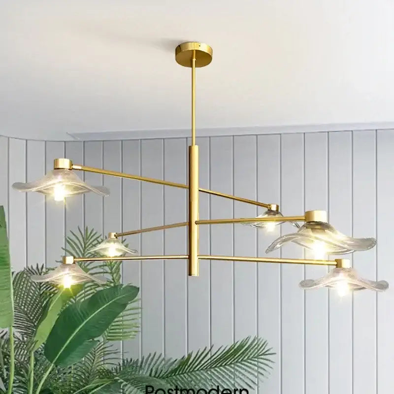 Gold-toned decorbites lotus leaf glass ceiling chandelier with five translucent shades for bedroom and living room lighting