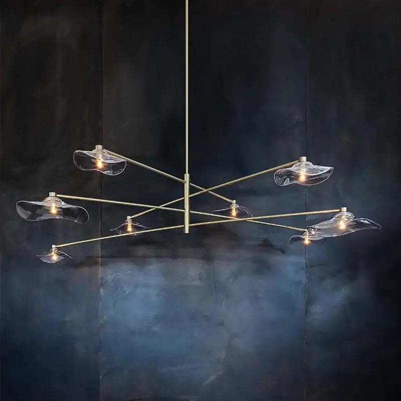 Modern brass ceiling chandelier with six translucent lotus leaf glass shades by decorbites lotus leaf for living room lighting