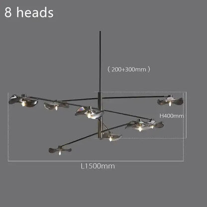 Modern black metal ceiling chandelier with eight lotus leaf glass fixtures by DecorBites for bedroom or living room lighting