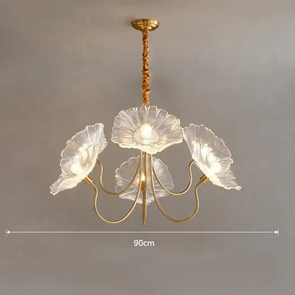 Decorbites lotus leaf glass ceiling chandelier with five translucent petal-shaped shades and gold-toned finish