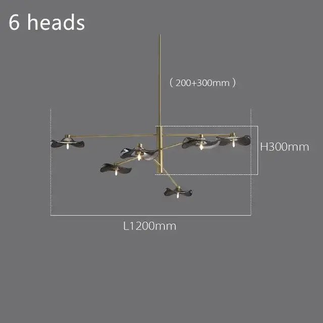 Modern brass-finished decorbites lotus leaf glass iron chandelier with six black leaf-shaped fixtures for living room lighting