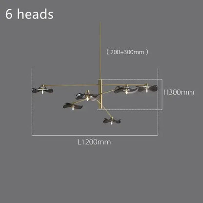 Modern brass-finished decorbites lotus leaf glass iron chandelier with six black leaf-shaped fixtures for living room lighting