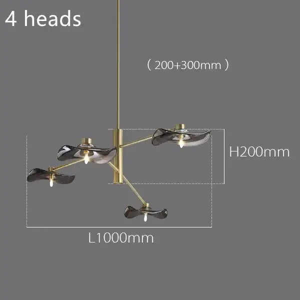 Modern brass-finished decorbites lotus leaf glass iron chandelier with four dark leaf-shaped fixtures for living room lighting