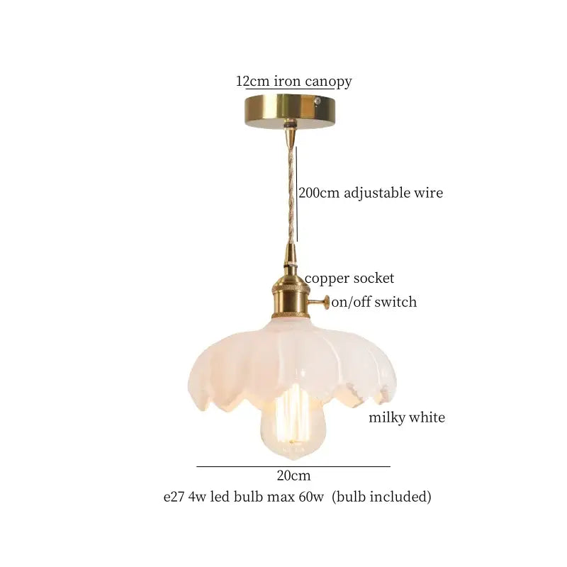 DecorBites lotus leaf glass pendant light with milky white glass, brass canopy, copper socket, and adjustable wire