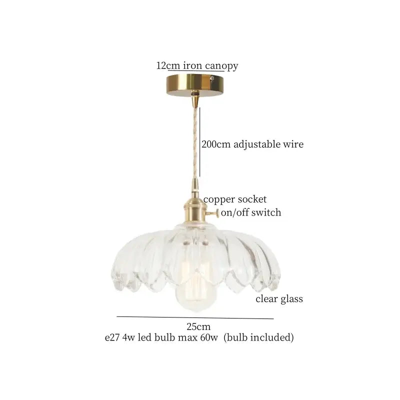 Decorbites lotus leaf glass pendant light with clear glass, brass canopy, copper socket, and adjustable wire for height