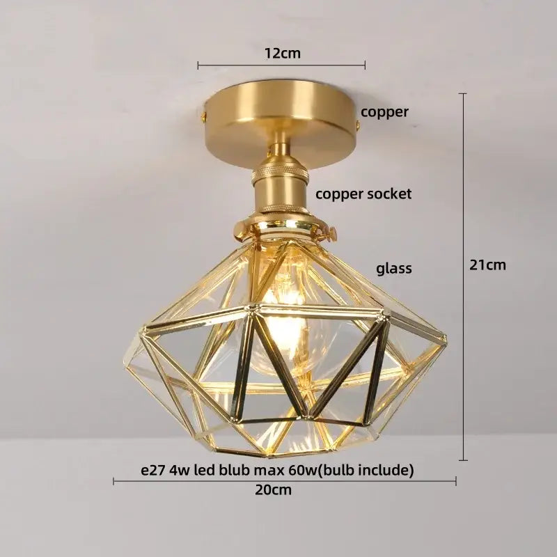 Gold-finished copper ceiling lamp with geometric purple glass shade from DecorBites Lotus Leaf LED collection