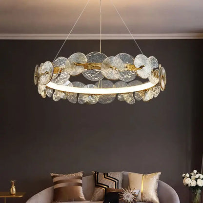 A modern decorbites lotus leaf led chandelier with translucent textured glass discs and central led light strip for living spaces