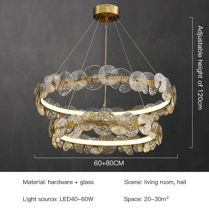 Gold-toned decorbites lotus leaf led double-ring chandelier with translucent fan-shaped glass discs for living spaces