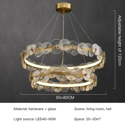 Gold-toned decorbites lotus leaf led double-ring chandelier with translucent fan-shaped glass discs for living spaces