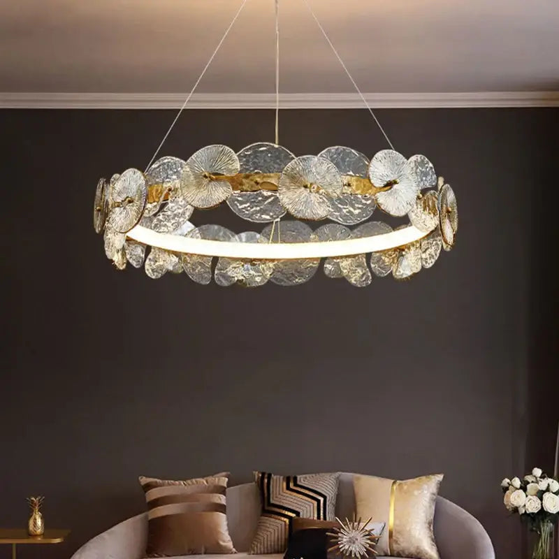 Decorbites™ lotus leaf led chandelier with translucent textured glass discs in overlapping layers around central light strip