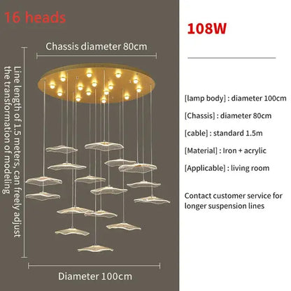 Gold-toned decorbites lotus leaf LED pendant chandelier with 16 illuminated heads on circular iron and acrylic chassis