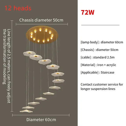 Gold-toned decorbites lotus leaf led pendant chandelier with 12 illuminated white acrylic shades on iron frame for living room