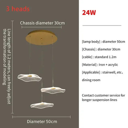 Modern decorbites lotus leaf led pendant chandelier with gold iron and white mesh shades for staircase and living room