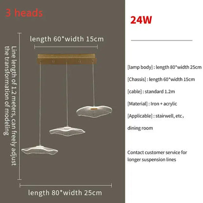 Decorbites lotus leaf three-head pendant chandelier with translucent acrylic leaf led design and iron frame for living room
