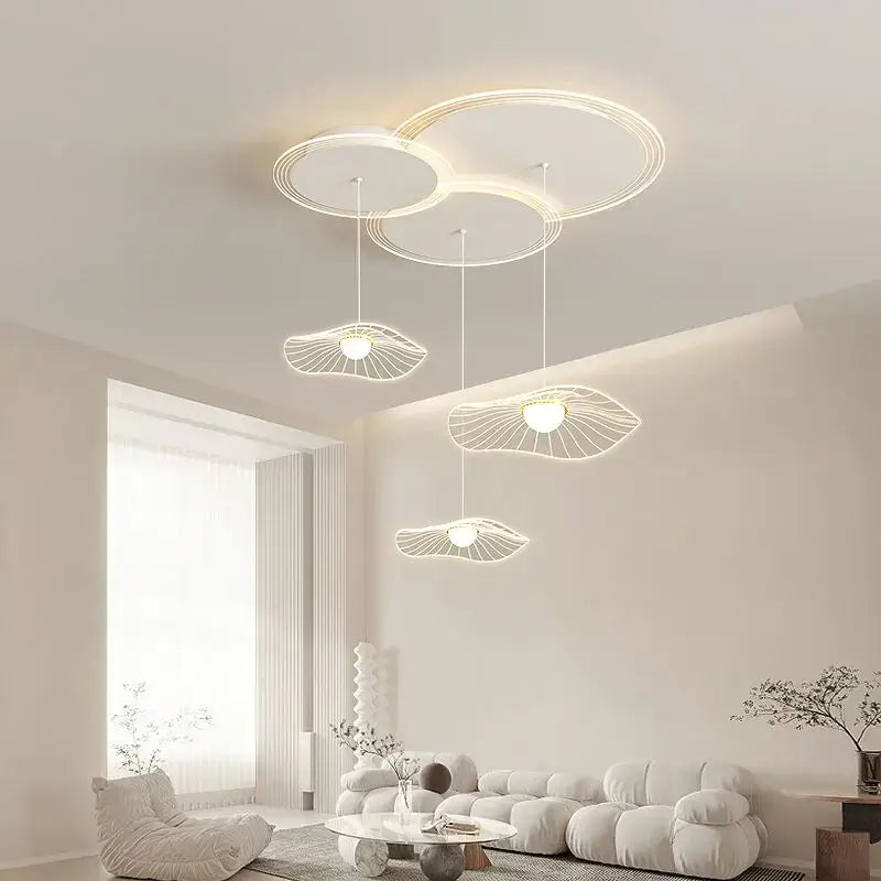 Modern white wireframe decorbites lotus leaf led pendant light with circular ceiling fixtures for minimalist spaces