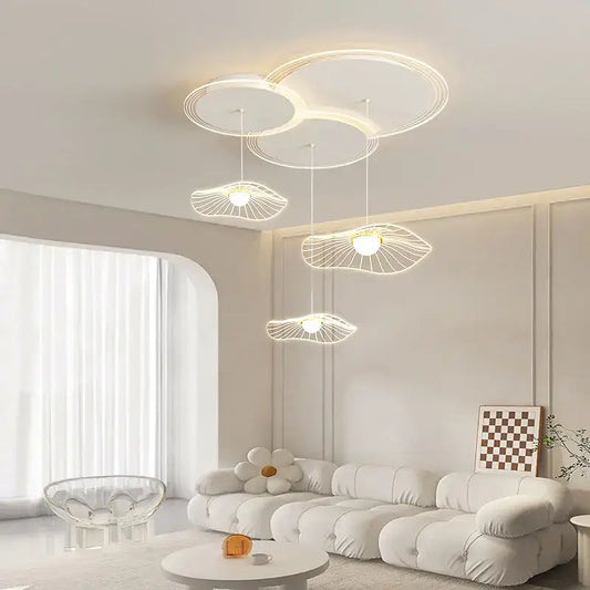 Modern white DecorBites lotus leaf pendant light with circular and leaf-shaped LED design for minimalist living rooms
