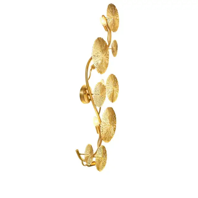 Golden leaf-shaped decorbites lotus leaf wall lights with intricate detailing and multiple LED light fixtures for living room and bedroom decor