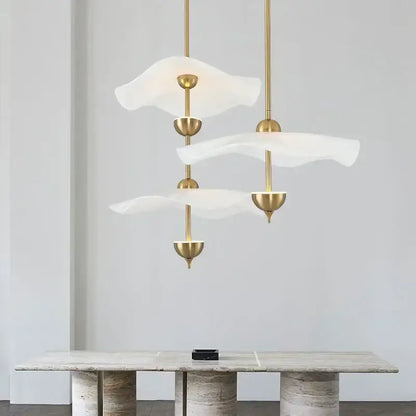 Gold-toned decorbites lotus leaf pendant lights with three flowing translucent glass shades for ceiling staircase chandelier