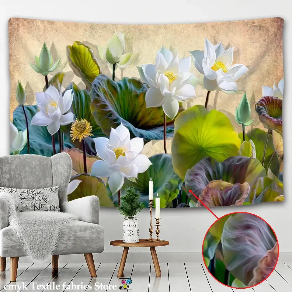 Decorbites lotus leaf tapestry featuring white lotus flowers and green leaves on beige background for bedroom decor