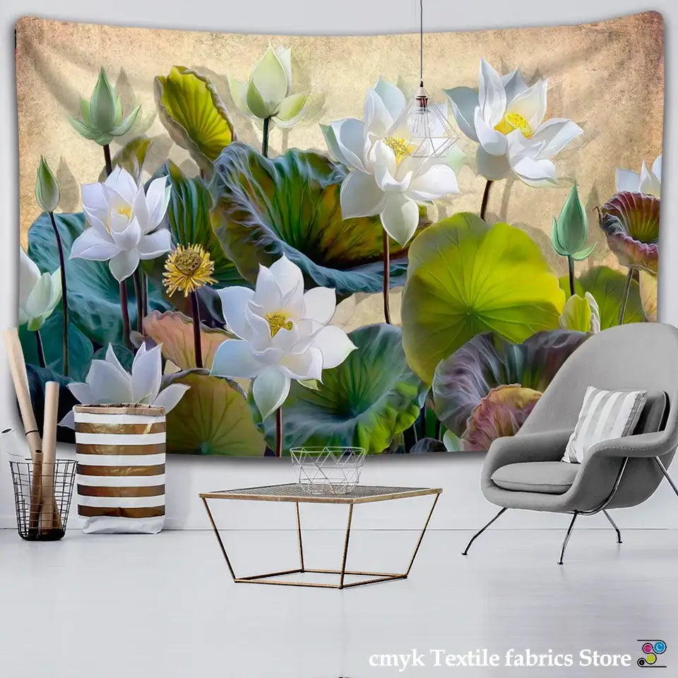 DecorBites lotus leaf tapestry featuring white lotus flowers and green lily pads on beige Indian scenery wall hanging