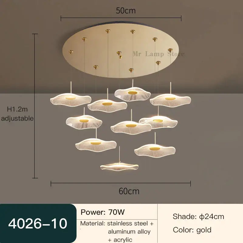 Gold-colored lotus leaf tea chandelier with multiple petal-shaped acrylic shades on stainless steel base