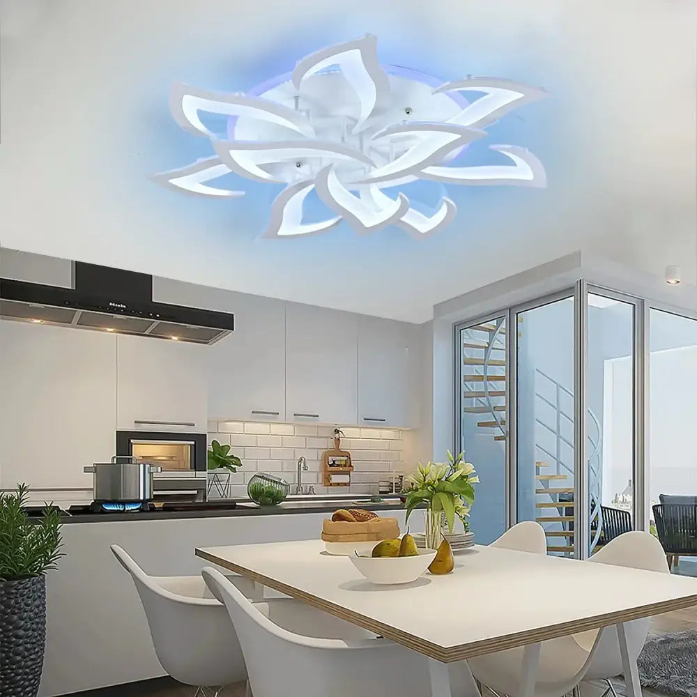 Decorbites lotus led chandelier white floral ceiling light with illuminated blue accents for living dining bedroom