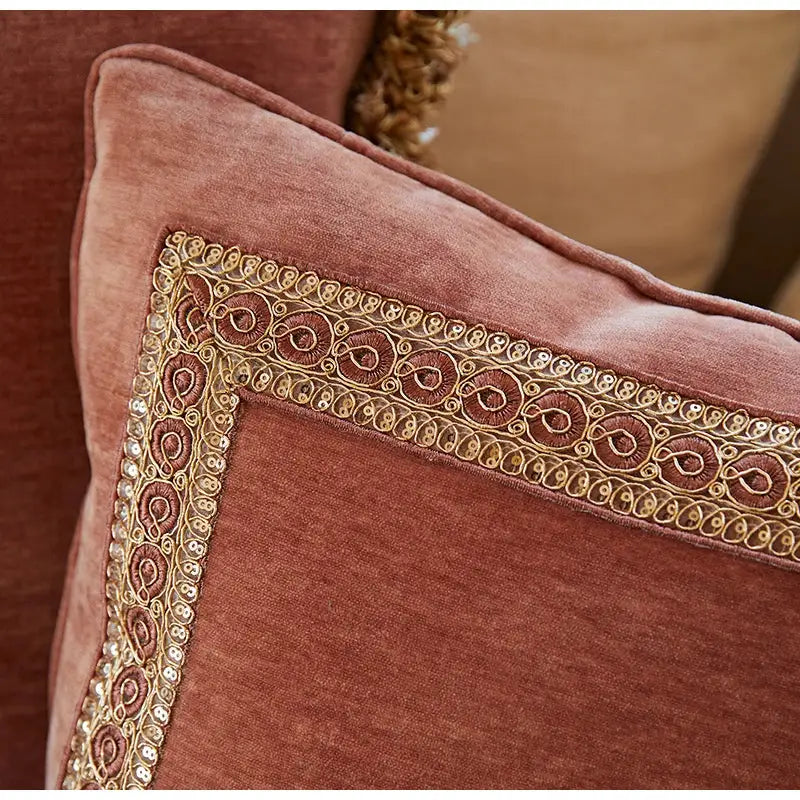 A plush dusty rose velvet pillow cover with ornate gold-threaded paisley and sequins from decorbites lotus pink european style