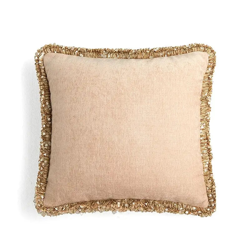Beige linen pillow cover with textured frayed gold trim from decorbites lotus pink european style collection