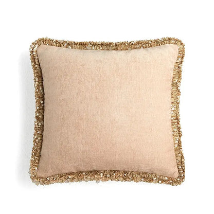 Beige linen pillow cover with textured frayed gold trim from decorbites lotus pink european style collection