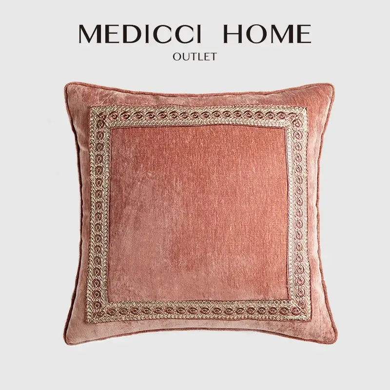 A soft rose-colored velvet pillow cover with ornate gold-toned embroidered border by decorbites lotus pink european style