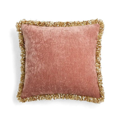 A soft rose-colored velvet pillow cover with textured fringed gold border decorbites lotus pink european style