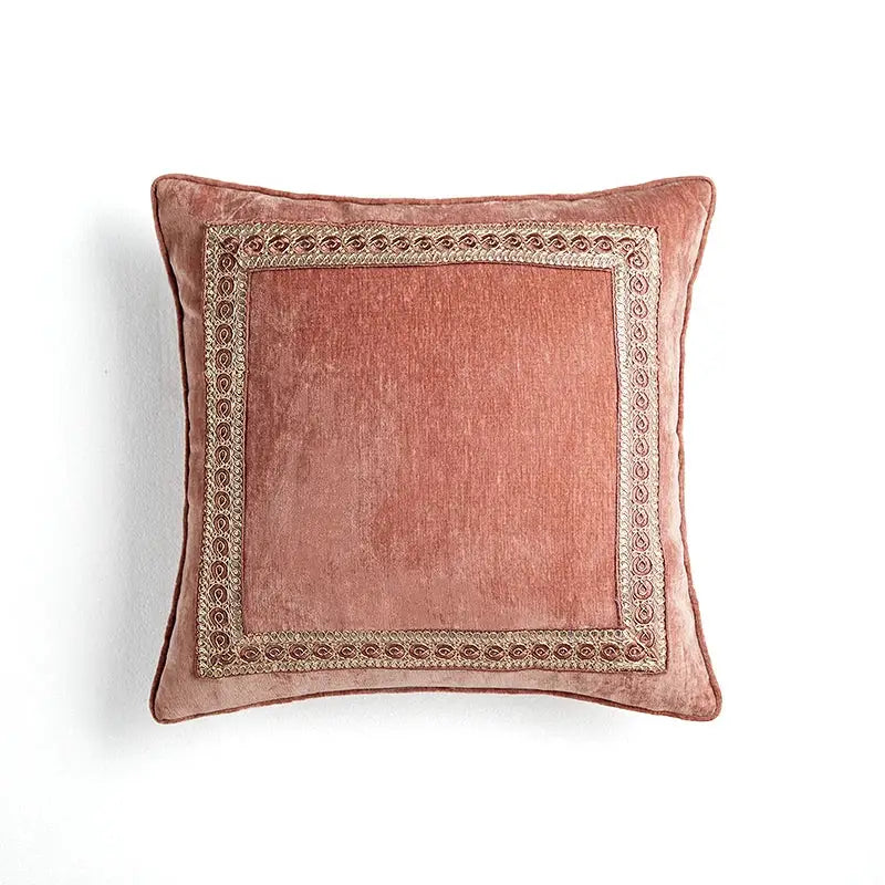 A plush rose gold velvet pillow cover with beige and brown embroidered border from decorbites lotus pink european collection