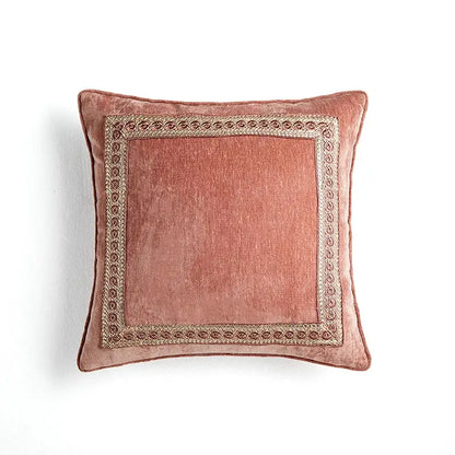 A plush rose gold velvet pillow cover with beige and brown embroidered border from decorbites lotus pink european collection