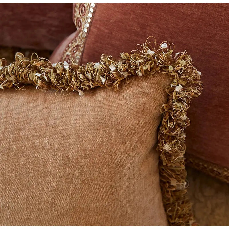 Tan linen pillow cover with decorative frayed gold and white tassel trim by decorbites lotus pink european style