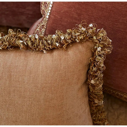 Tan linen pillow cover with decorative frayed gold and white tassel trim by decorbites lotus pink european style