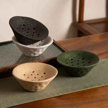 Handcrafted lotus root clay bowl tea strainers in earthy tones with textured matte finish for home decor use