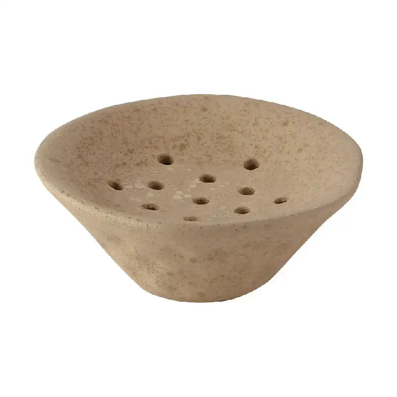 Beige speckled lotus root clay bowl soap dish with wide shallow shape and circular drainage holes for home decor