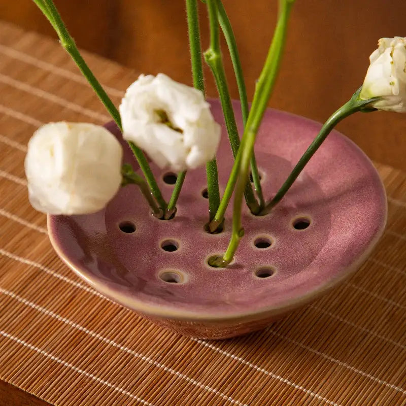 DecorBites™ lotus root clay bowl flower vase in delicate pink ceramic with holes for stems and small blossoms home decor